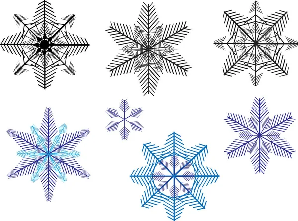 Siete colección de copos de nieve negro y azul aislados en blanco — Archivo Imágenes Vectoriales