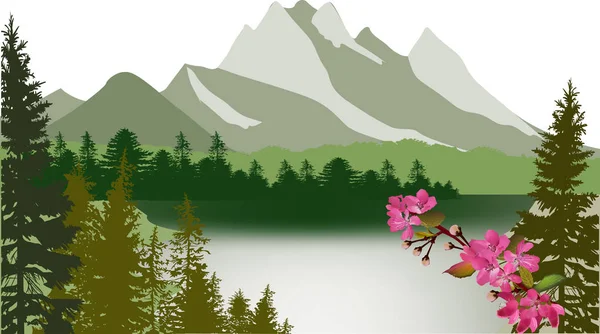 Lago y bosque verde en las montañas de primavera — Vector de stock