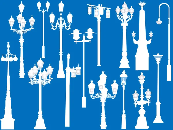 Set of fifteen white street lamps collection — Stock Vector