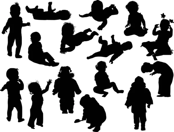 Fifteen child silhouettes collection on white — Stock Vector