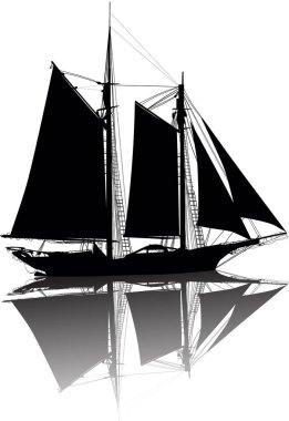 Dört siyah yelkenli ve yansımalı tekne.