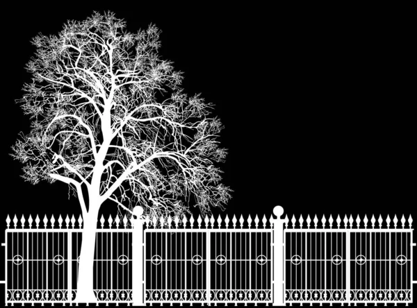 Large bare tree and fence isolated on black background — Stock Vector