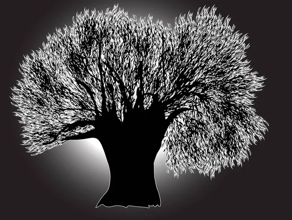 Grote zwarte kale boom silhouet op grijs — Stockvector