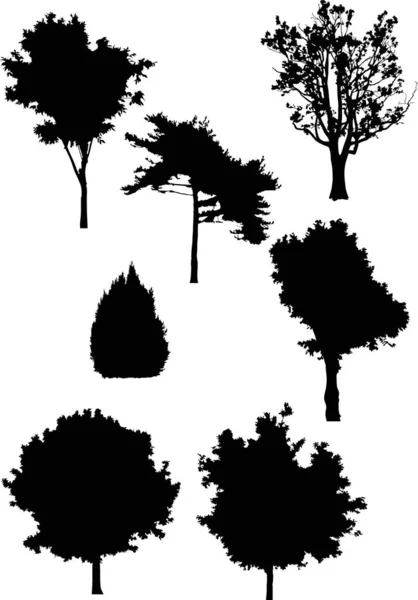 Seven isolated different trees black silhouettes — Stock Vector