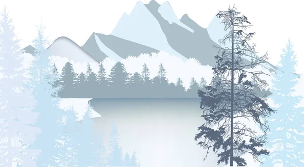Paisaje ligero con bosque de invierno cerca de lago de montaña — Vector de stock