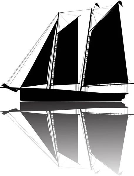 三面黑帆的小船和倒影 — 图库矢量图片