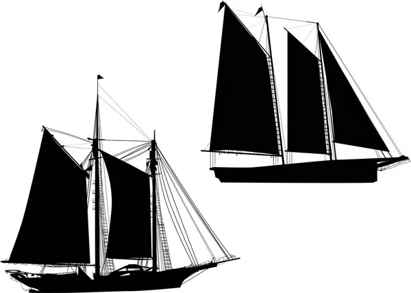 Twee zwarte boten met zeilen op wit — Stockvector