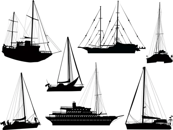 Siete barcos negros aislados en blanco — Vector de stock