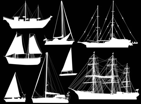 Osm bílých lodí izolovaných na černé — Stockový vektor