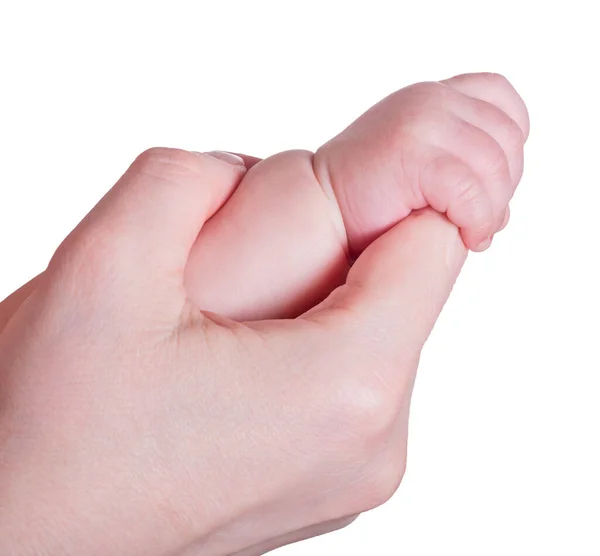 Bebé Sosteniendo Dedo Madre Aislado Sobre Fondo Blanco — Foto de Stock