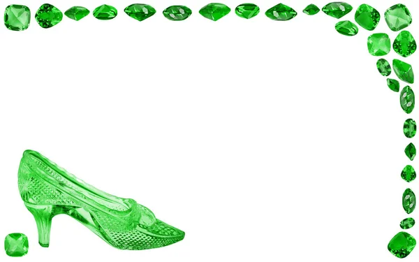 Woman Glass Shoe Green Emerald Frame Isolated White Background — Stock Photo, Image