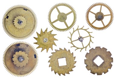 Beyaz arka planda izole edilmiş sekiz eski pirinç dişli