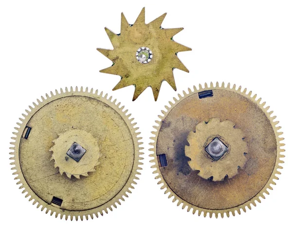 Three Old Brass Gears Isolated White Background — Stock Photo, Image