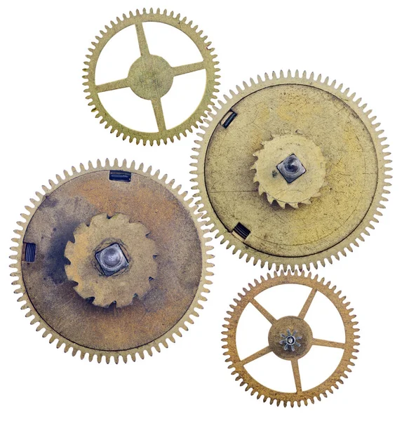 Four Old Brass Gears Isolated White Background — Stock Photo, Image