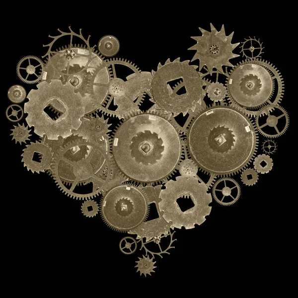 Heart Shape Symbol Old Brass Gears Isolated Black Background — Stock Photo, Image