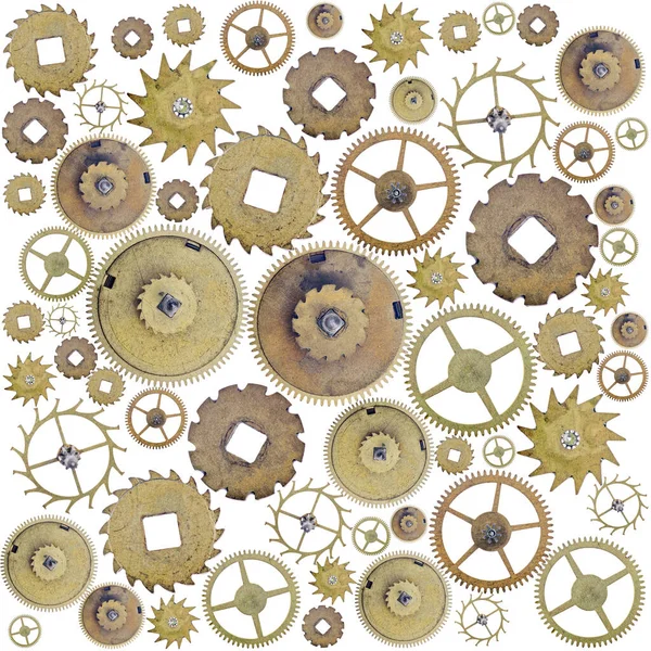 Background Old Brass Gears Isolated White — Stock Photo, Image