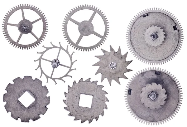 Eight Old Steel Gears Isolated White Background — стоковое фото