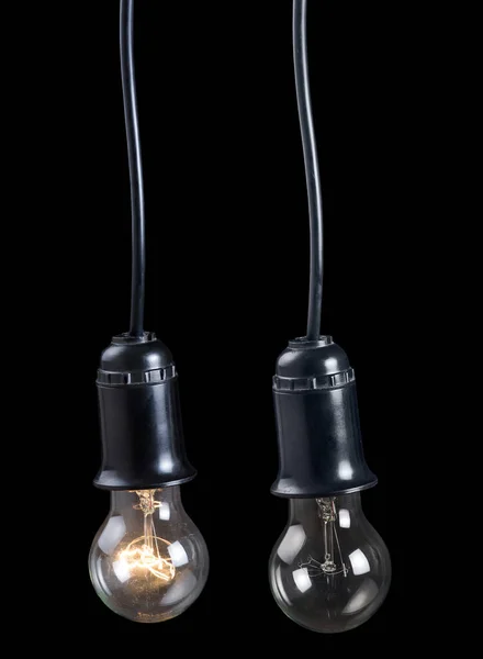 Lâmpadas Elétricas Incandescentes Recipiente Isolado Sobre Fundo Preto — Fotografia de Stock