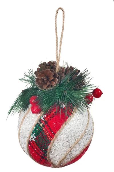 New Year Tree Decoration Red Stripe Pine Cones Isolated White — Stock Photo, Image