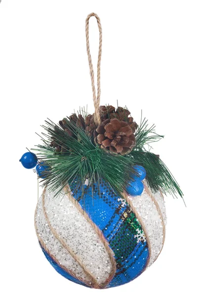 New Year Tree Decoration Blue Stripe Pine Cones Isolated White — Stock Photo, Image