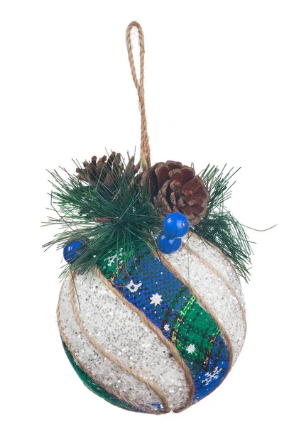 New Year Tree Decoration Blue Stripe Pine Cones Isolated White — Stock Photo, Image