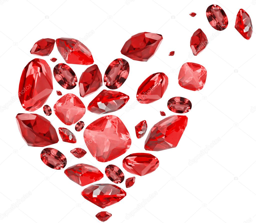 broken heart shape symbol from red ruby gems isolated on white background