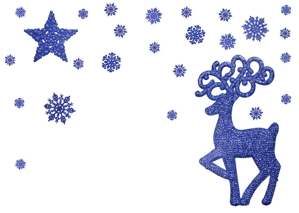 Blau Weihnachten Hirsch Unter Schneeflocken Isoliert Auf Weißem Hintergrund — Stockfoto