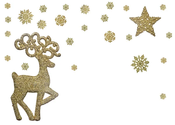 Gold Christmas Deer Snowflakes Isolated White Background — Stock Photo, Image