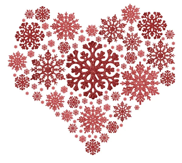 Κόκκινο Σχήμα Καρδιάς Από Νιφάδες Χιονιού Που Απομονώνονται Λευκό Φόντο — Φωτογραφία Αρχείου
