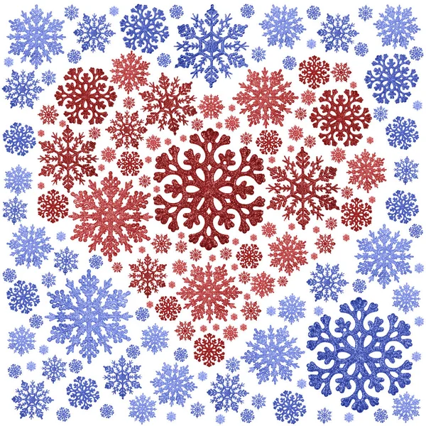Coração Vermelho Quadro Azul Flocos Neve Isolados Fundo Branco — Fotografia de Stock