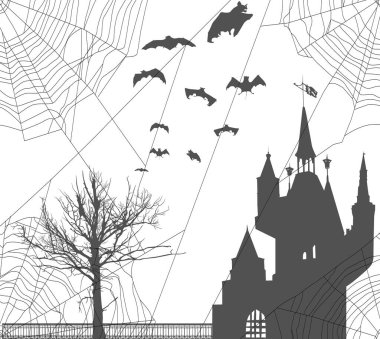 Beyaz arkaplanda izole edilmiş, kalenin önünde örümcek ağı ve yarasa siluetleri olan bir resim
