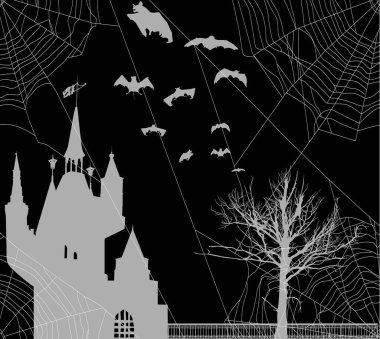 Kalenin önünde örümcek ağı ve siyah arkaplanda izole edilmiş yarasa siluetleri.