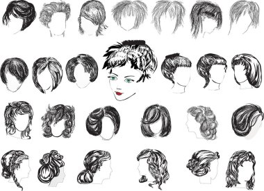 Beyaz arka planda izole edilmiş 26 kadın saç stili.