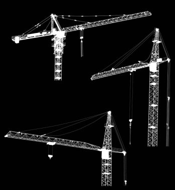 Siyah arka planda izole edilmiş endüstriyel vinçlerle resimler