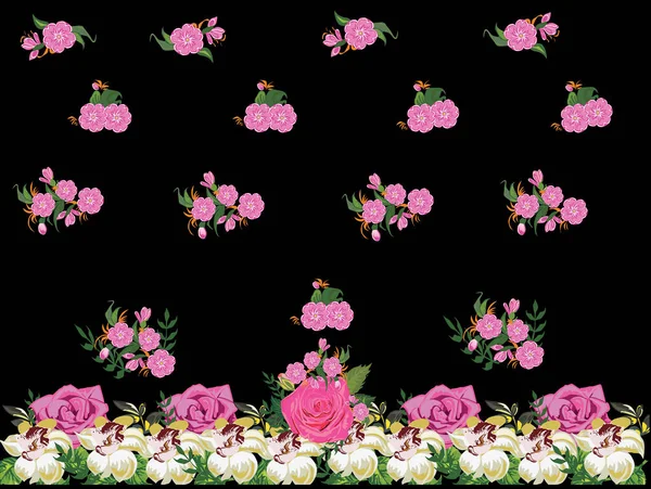Illustratie Met Roze Bloemen Zwarte Achtergrond — Stockvector