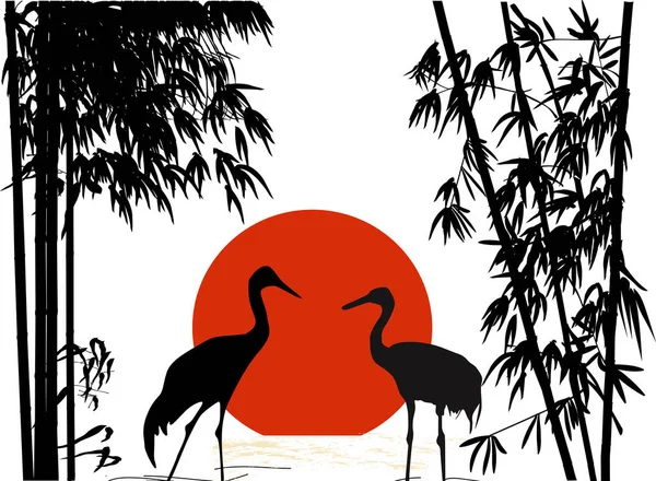 Illustration Avec Bambou Noir Deux Grues Isolées Sur Fond Blanc — Image vectorielle