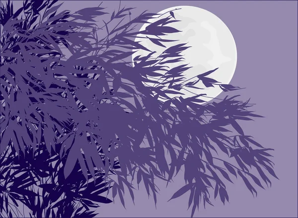 Illustration Avec Des Plantes Bambou Foncé Pleine Lune — Image vectorielle