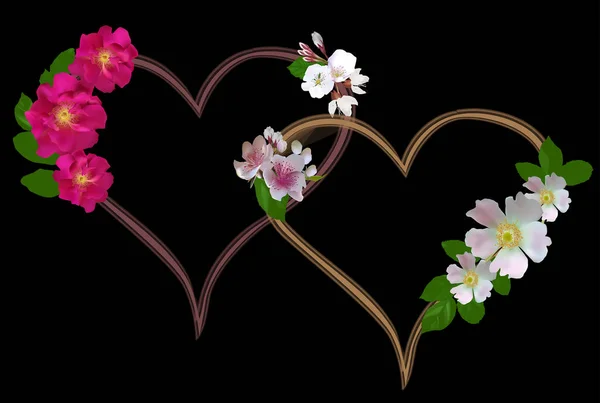 Ilustración Con Símbolos Del Corazón Flores Aisladas Sobre Fondo Negro — Vector de stock