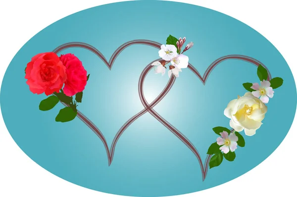 Illustration Med Hjärta Symboler Från Blommor Blå Bakgrund — Stock vektor
