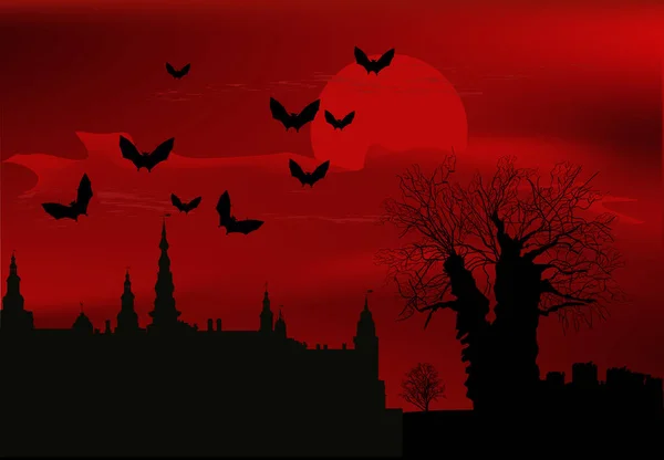 Illust Com Castelo Morcegos Por Sol Vermelho — Vetor de Stock