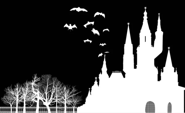 Illustrazione Con Castello Sagome Pipistrello Isolato Sfondo Nero — Vettoriale Stock