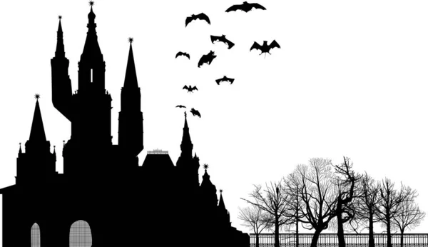 Illustrazione Con Castello Sagome Pipistrello Isolato Sfondo Bianco — Vettoriale Stock