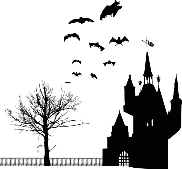 Illust Com Castelo Morcego Silhuetas Isoladas Sobre Fundo Branco — Vetor de Stock