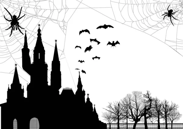 城の前にクモの巣と白い背景に孤立したバットシルエットのイラスト — ストックベクタ