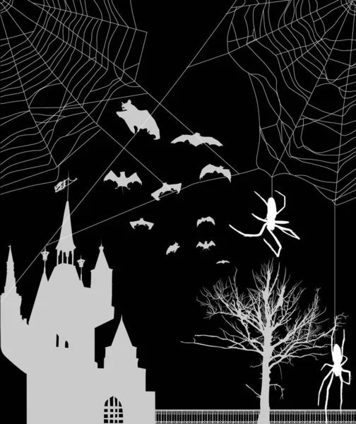 Illustration Spider Web Front Castle Bat Silhouettes Isolated Black Background — Stock Vector