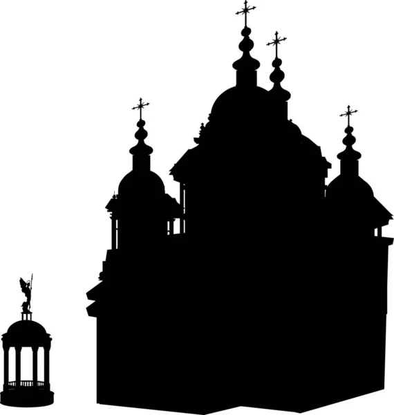 Illustration Mit Kathedrale Und Pavillon Silhouetten Isoliert Auf Weißem Hintergrund — Stockvektor