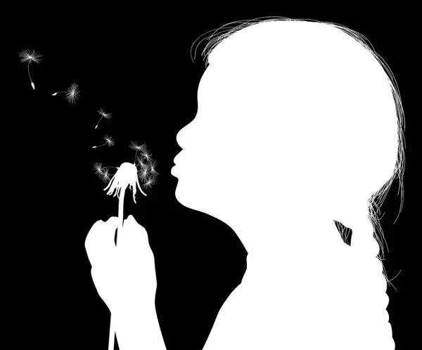黒の背景に隔離されたタンポポに子供が吹いているイラスト — ストックベクタ