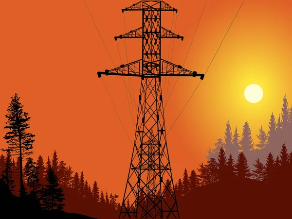 Ilustracja Wieżą Elektryczną Lesie Zachodzie Słońca — Wektor stockowy