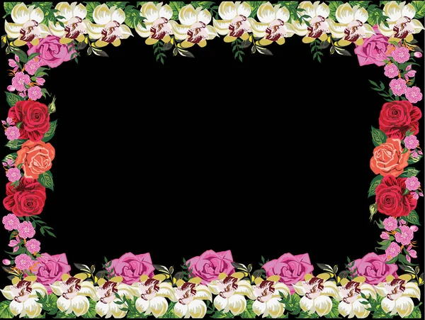 Απεικόνιση Floral Πλαίσιο Διακοσμημένο Από Τριαντάφυλλο Λουλούδια Απομονώνονται Μαύρο Φόντο — Διανυσματικό Αρχείο