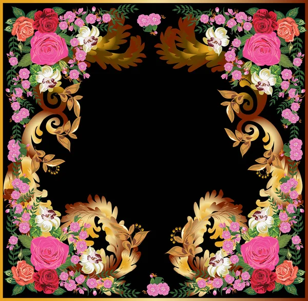 Illustratie Met Roos Bloemen Frame Decoratie Zwarte Achtergrond — Stockvector